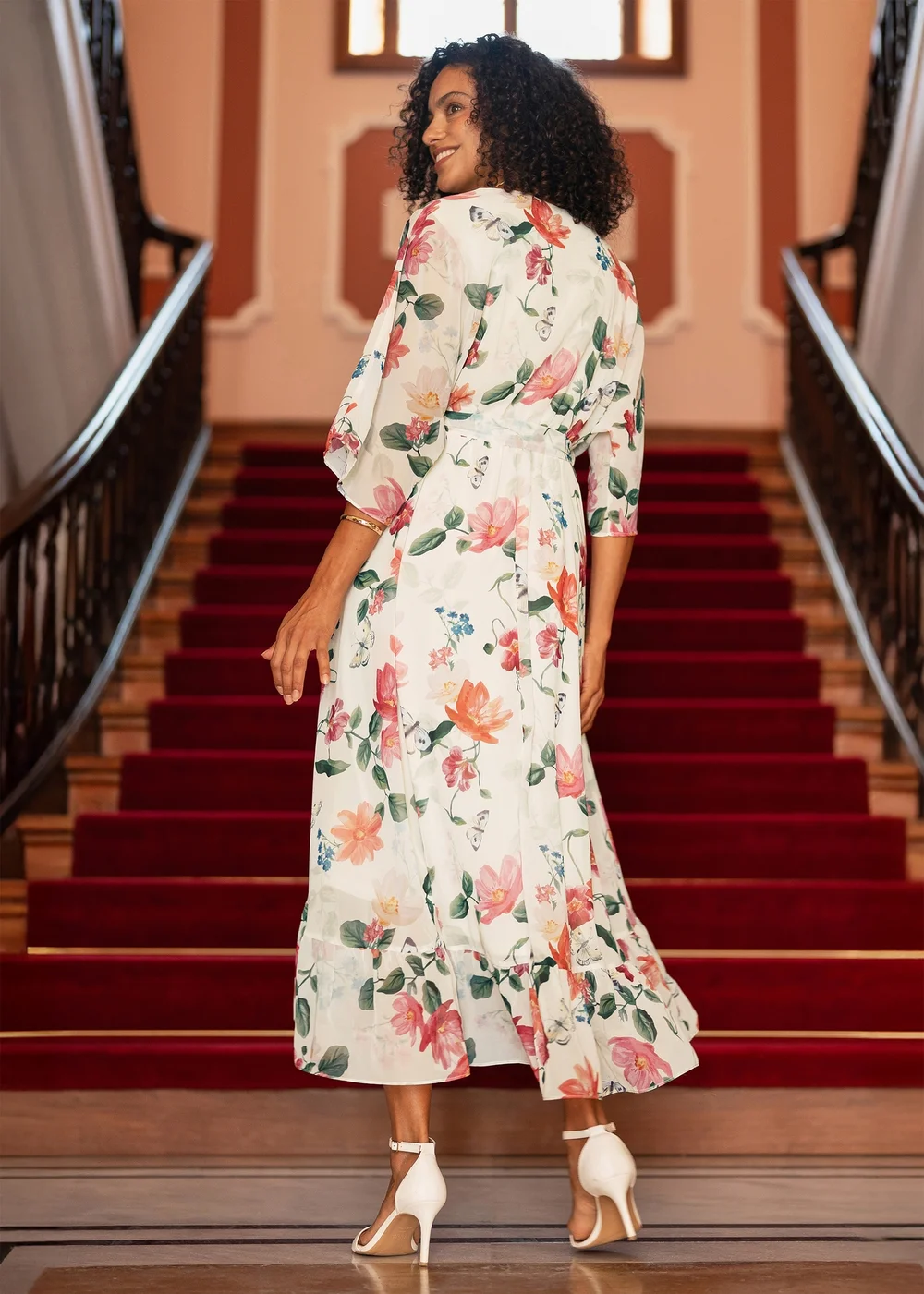 Yumi Ivory Floral Print Wrap Midi Dress With Dipped Hem - 20 Image 2