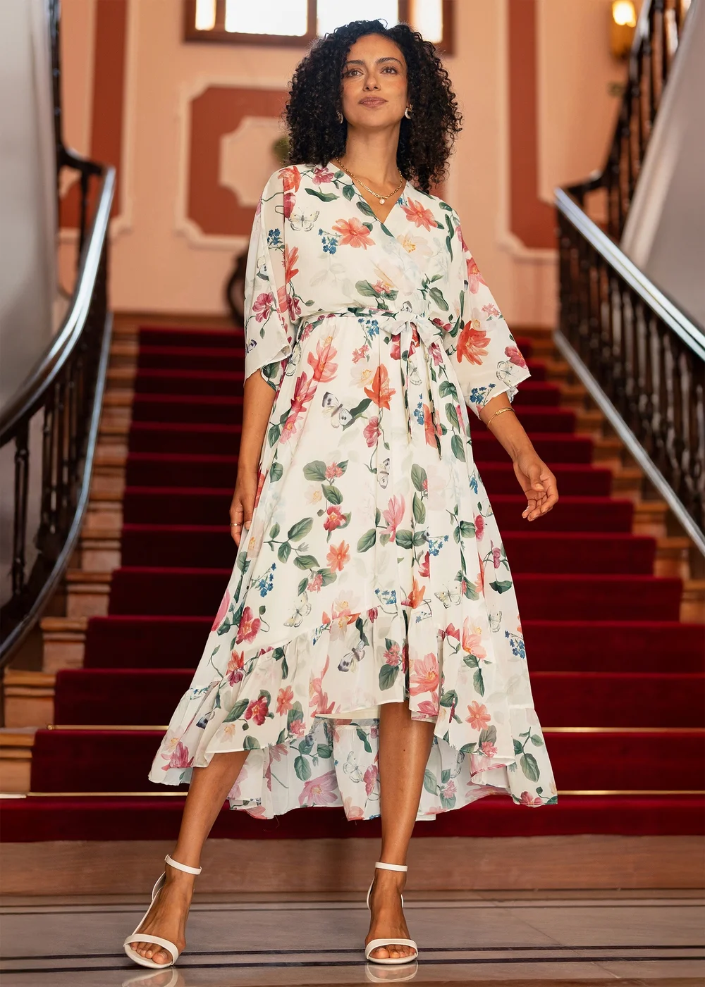 Yumi Ivory Floral Print Wrap Midi Dress With Dipped Hem - 20 Image 1