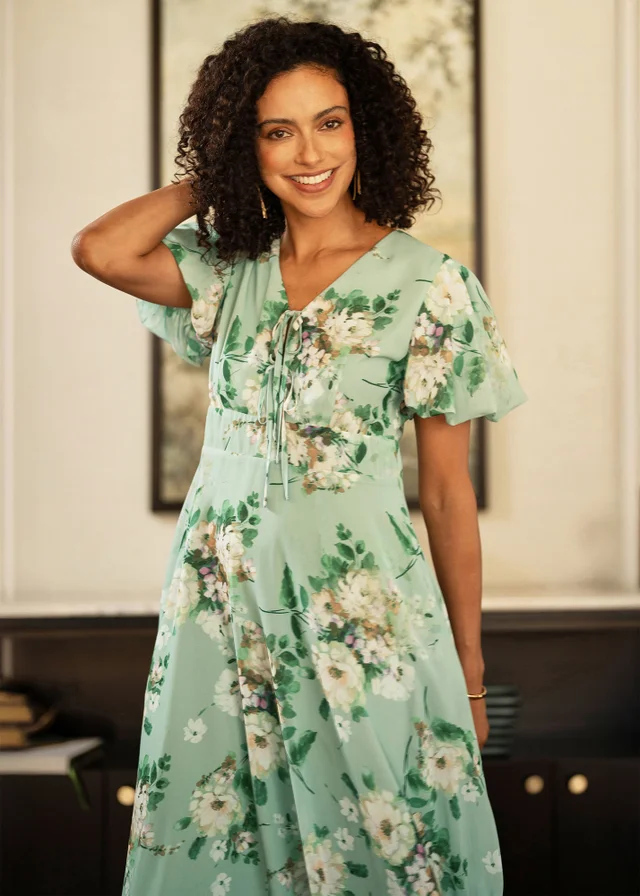 Yumi Mint Floral Tea Dress With Front Ties