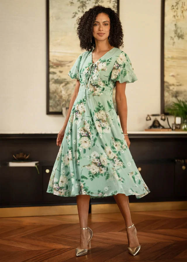 Yumi Mint Floral Tea Dress With Front Ties