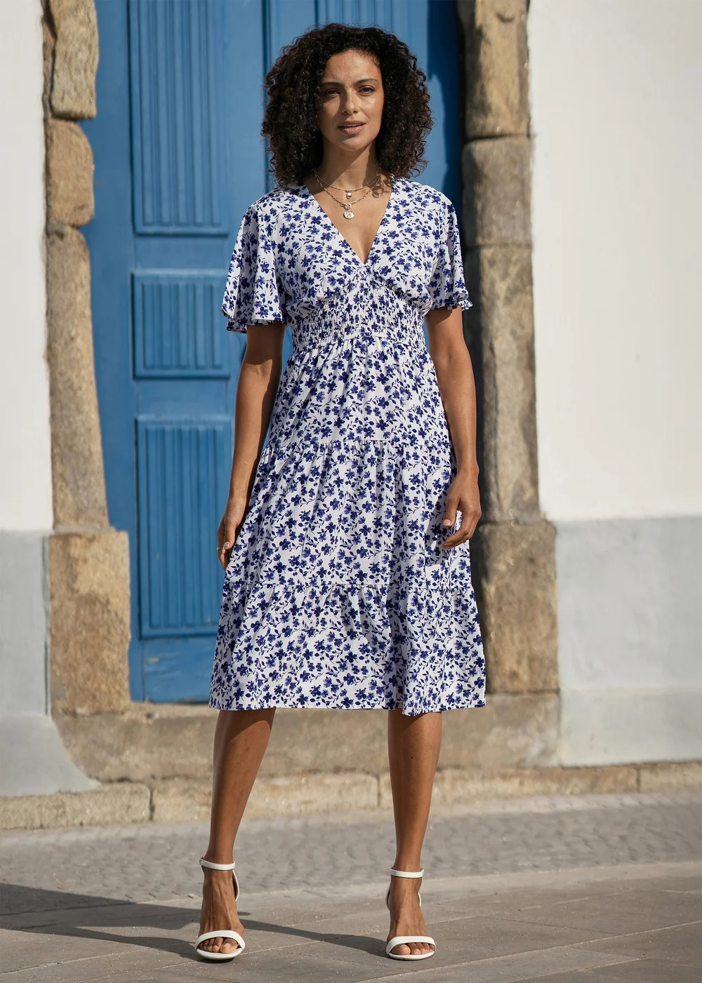 Yumi Blue Floral Ruched Waist Midi Dress With Angel Sleeves - 8 Image 1