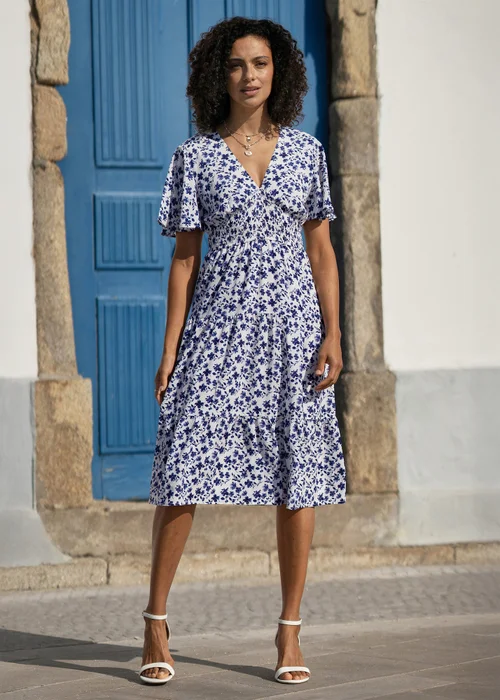 Yumi Blue Floral Ruched Waist Midi Dress With Angel Sleeves - 8 Image 1