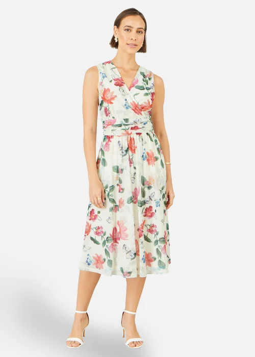 Yumi Ivory Blurred Floral Print Mesh Stretch Midi Dress With Pockets - 16 Image 1