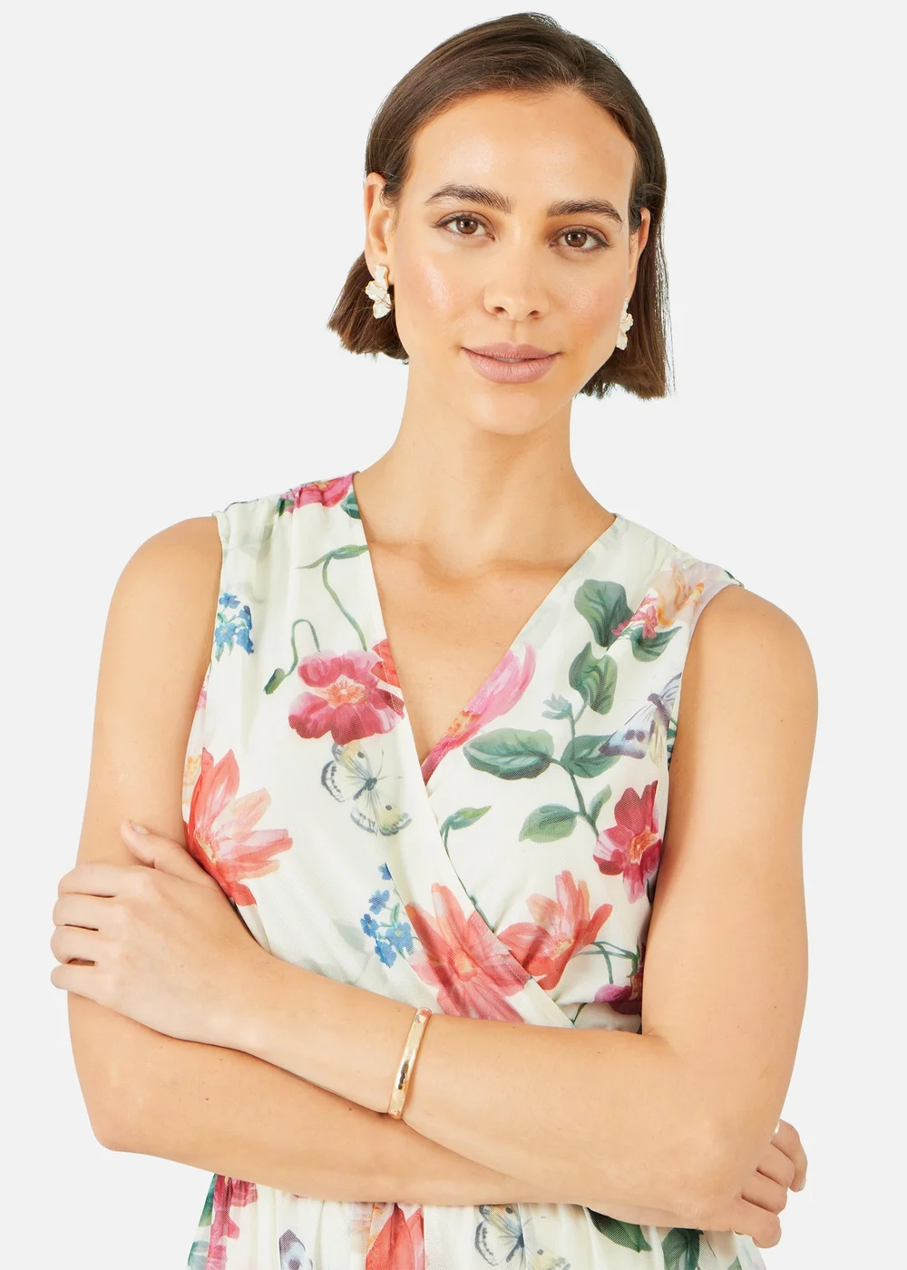 Yumi Ivory Blurred Floral Print Mesh Stretch Midi Dress With Pockets - 16 Image 3