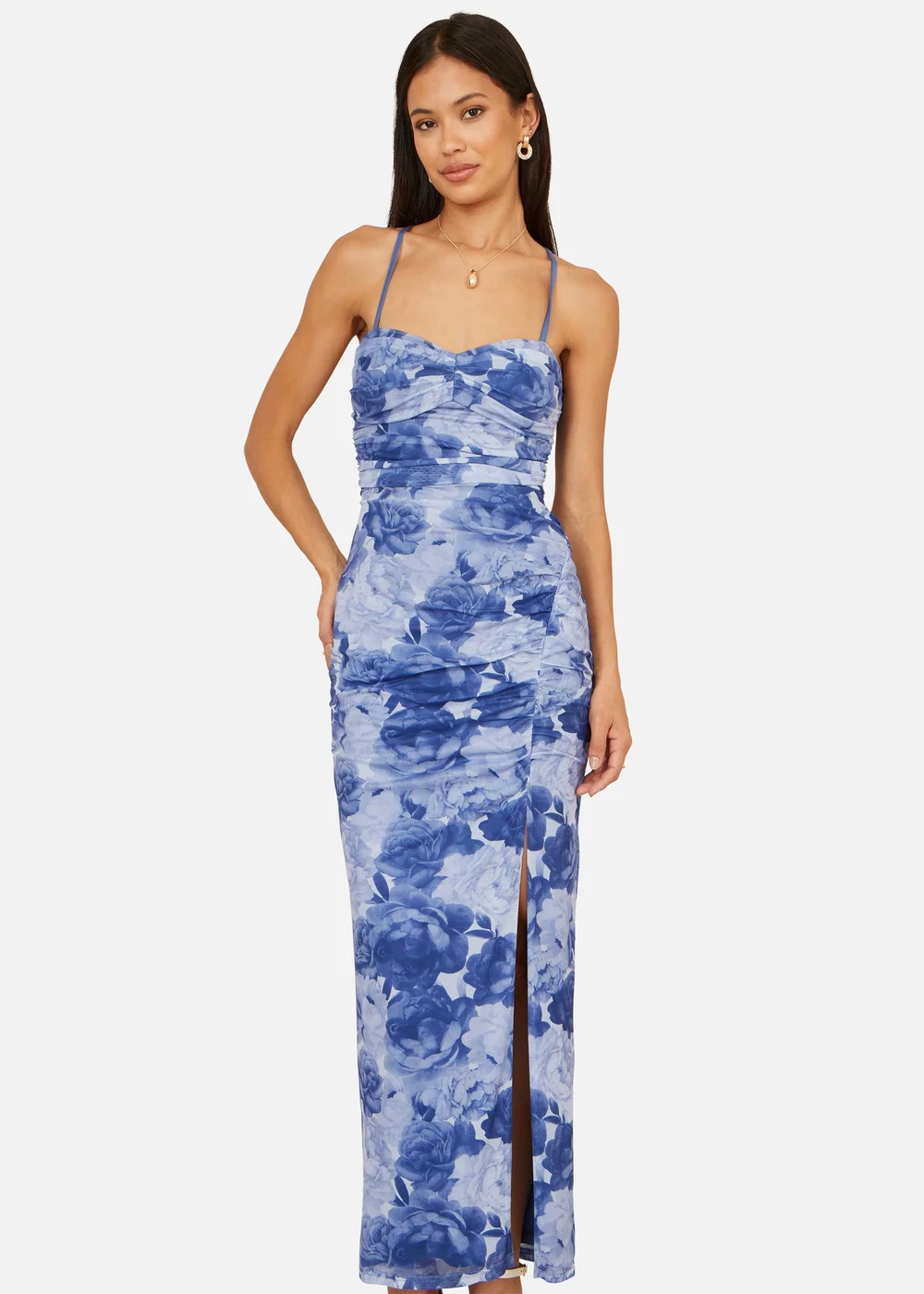 Yumi Blue Mesh Ruched Midi Dress With Split - 16 Image 2