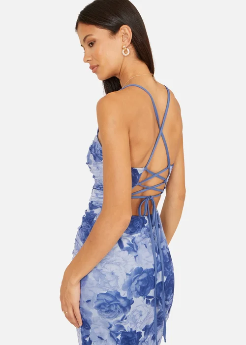 Yumi Blue Mesh Ruched Midi Dress With Split - 16 Image 3