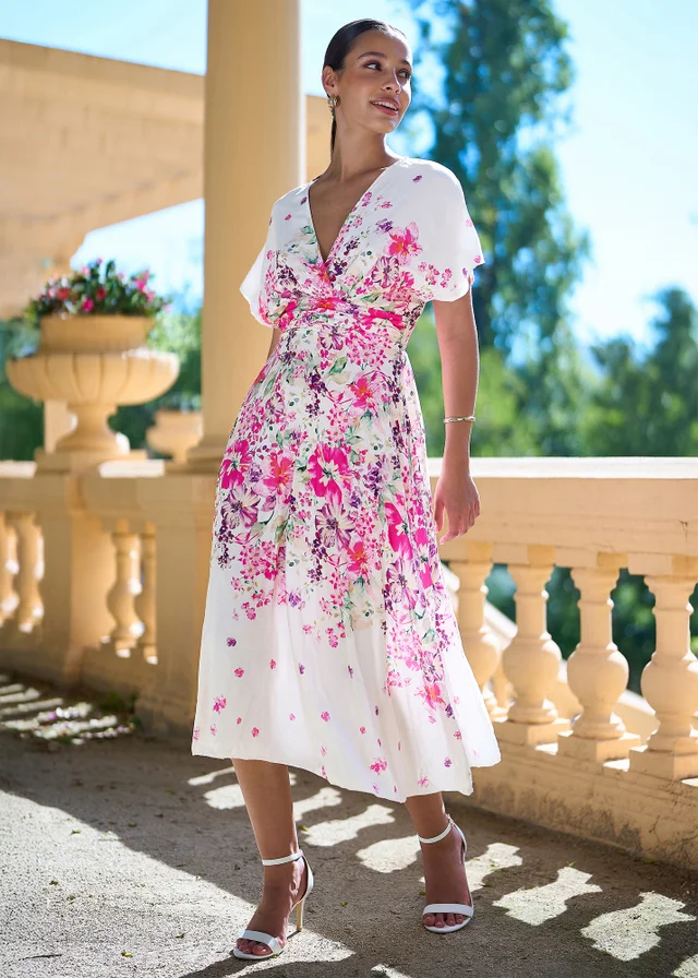 Yumi Pink Mirror Floral Print Ruched Waist Kimono Midi Dress