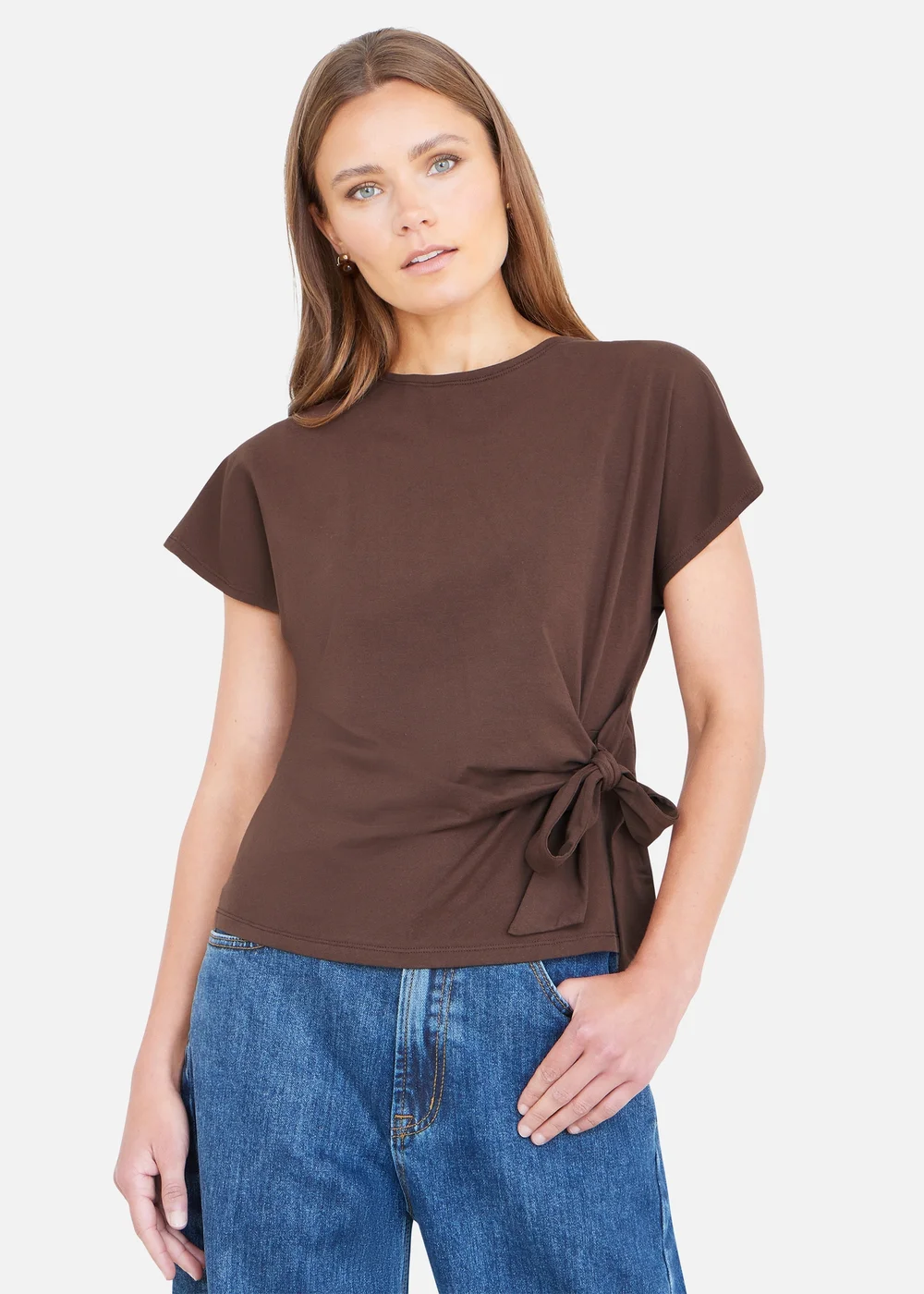 Yumi Brown Cotton Jersey Top With Knot Detail - 10 Image 1