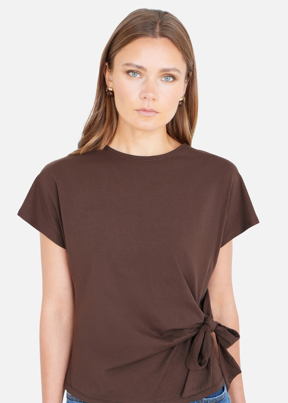 Yumi Brown Cotton Jersey Top With Knot Detail - 10 Image 3