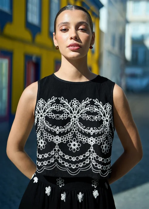 Yumi Black Embroidered Crop Top - 12 Image 1