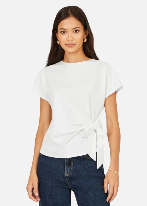 Yumi White Cotton Jersey Top With Knot Detail - 18 Image 1