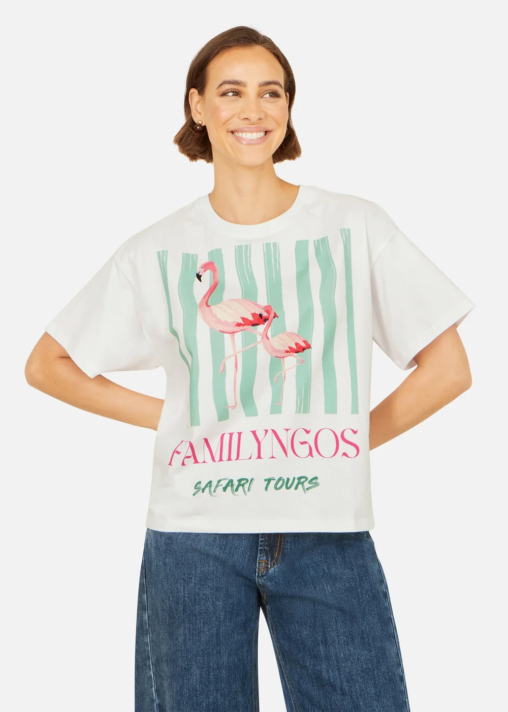 Yumi White Retro Relaxed Flamingo Cotton T Shirt - L Image 1