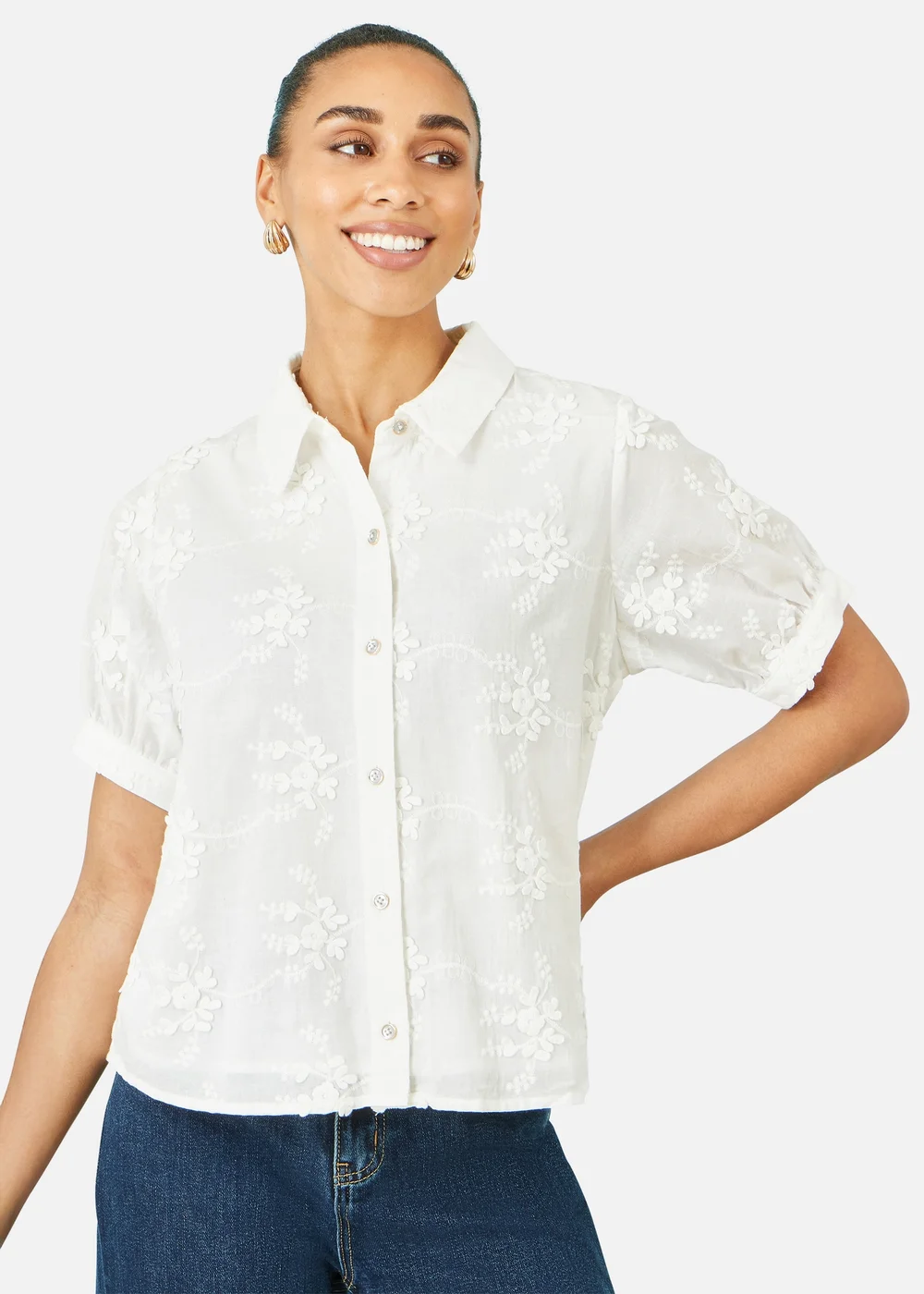 Yumi White Cotton Flower Applique Shirt - 14 Image 1