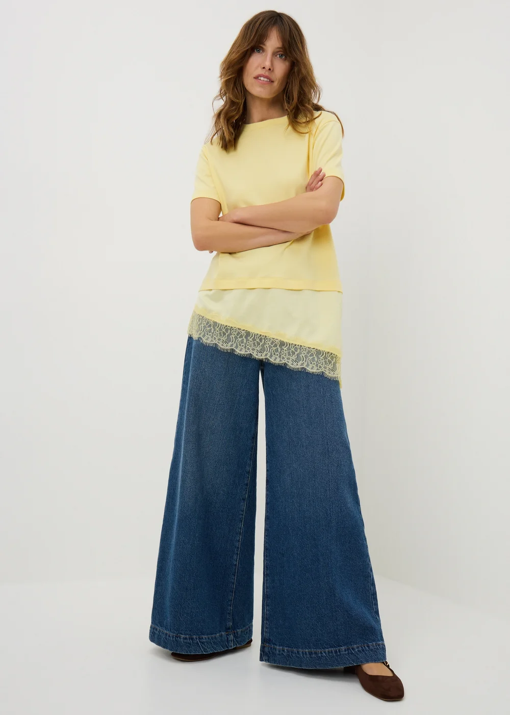 Yellow Satin Lace Hem T-Shirt - 8 Image 1