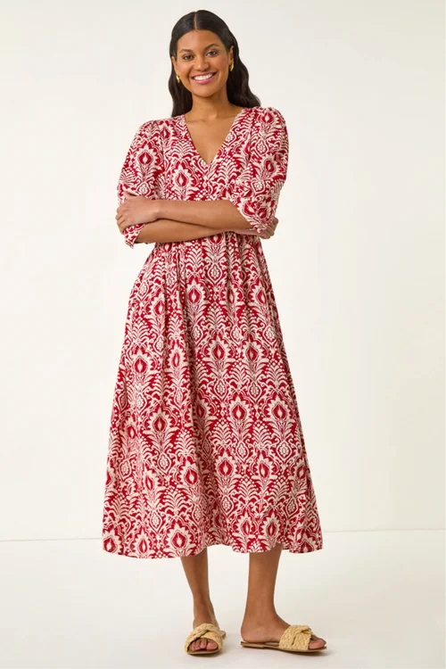 Roman Red Abstract Print V-Neck Midi Dress - 14 Image 2