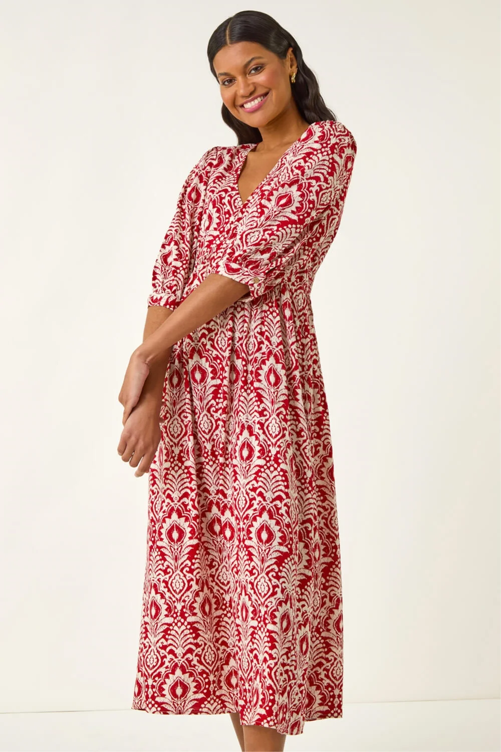 Roman Red Abstract Print V-Neck Midi Dress - 14 Image 4