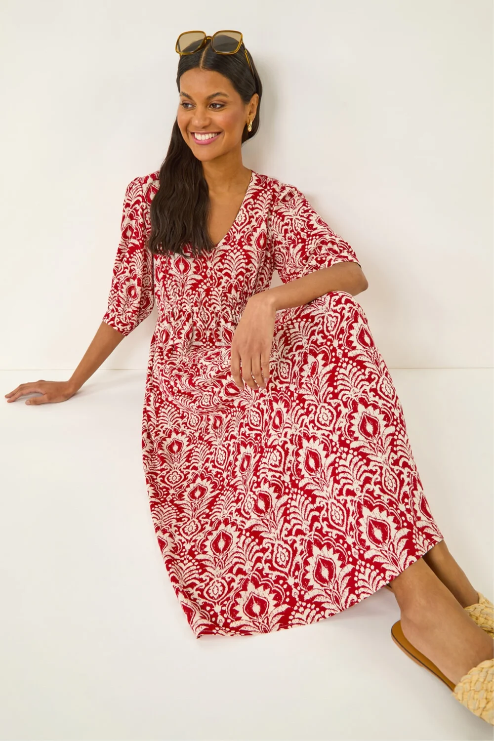 Roman Red Abstract Print V-Neck Midi Dress - 14 Image 1
