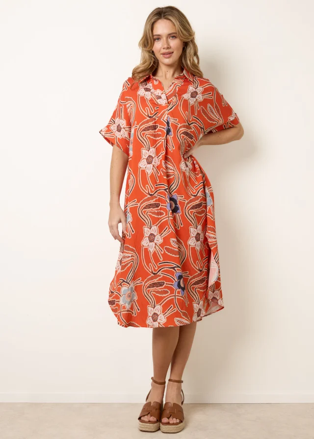 Blue Vanilla Orange Oversized Shirt Midi Dress