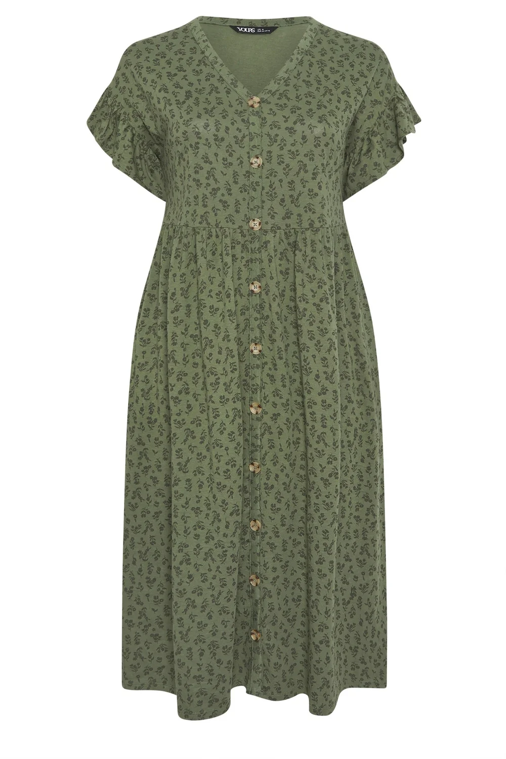 Yours Curve Khaki Green Floral Frill Sleeve Dress - 16 Image 5