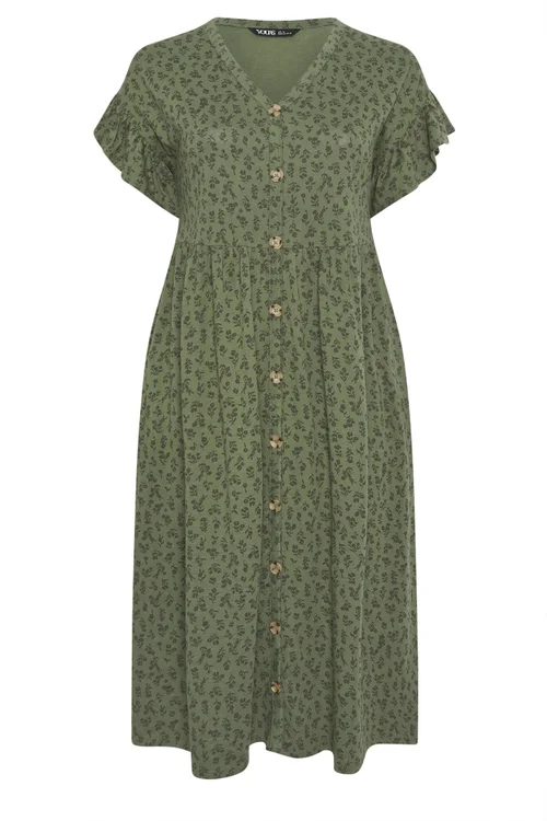 Yours Curve Khaki Green Floral Frill Sleeve Dress - 16 Image 5