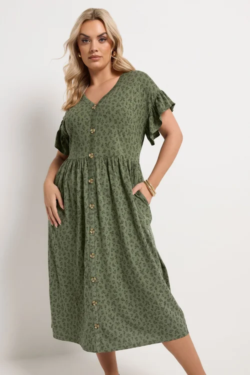 Yours Curve Khaki Green Floral Frill Sleeve Dress - 16 Image 1