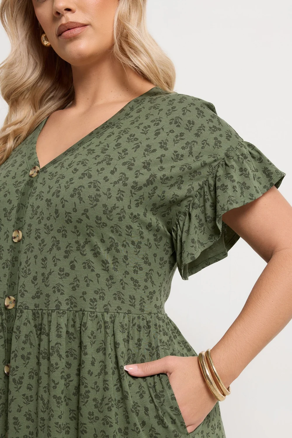 Yours Curve Khaki Green Floral Frill Sleeve Dress - 16 Image 4