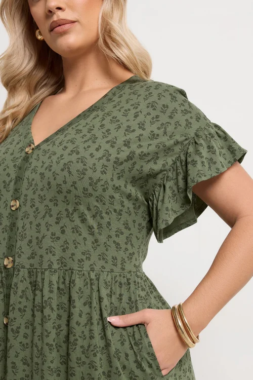 Yours Curve Khaki Green Floral Frill Sleeve Dress - 16 Image 4