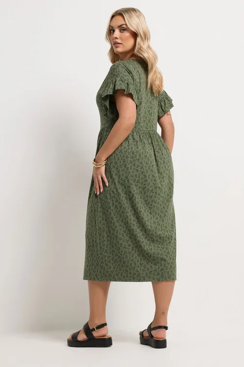 Yours Curve Khaki Green Floral Frill Sleeve Dress - 16 Image 3