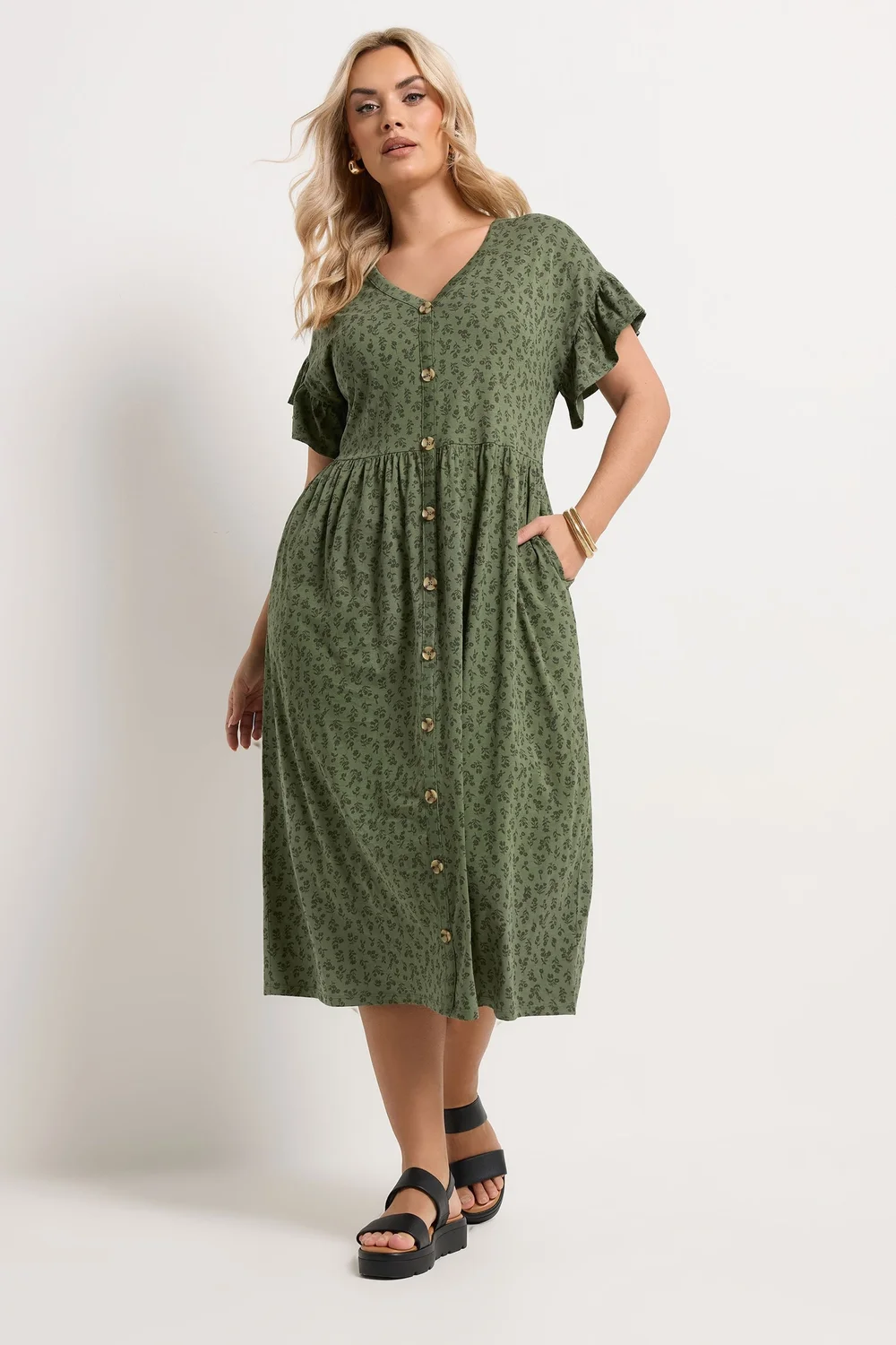 Yours Curve Khaki Green Floral Frill Sleeve Dress - 16 Image 2