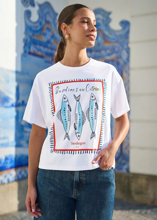 Yumi White Cotton Summer Motif T-Shirt