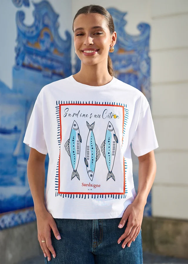 Yumi White Cotton Summer Motif T-Shirt