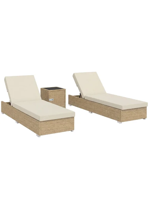 Outsunny Beige Rattan Sun Loungers Set of 2 with Side Table - One Size Image 2