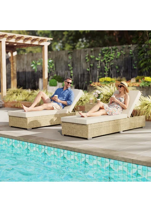 Outsunny Beige Rattan Sun Loungers Set of 2 with Side Table - One Size Image 1
