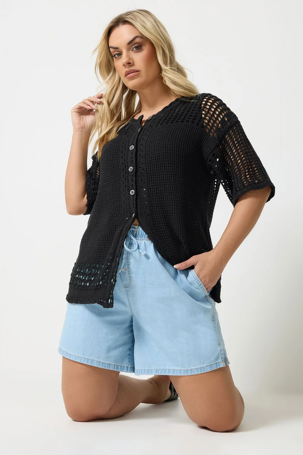 Yours Curve Black Open Stitch Cardigan - 30-32 Image 1