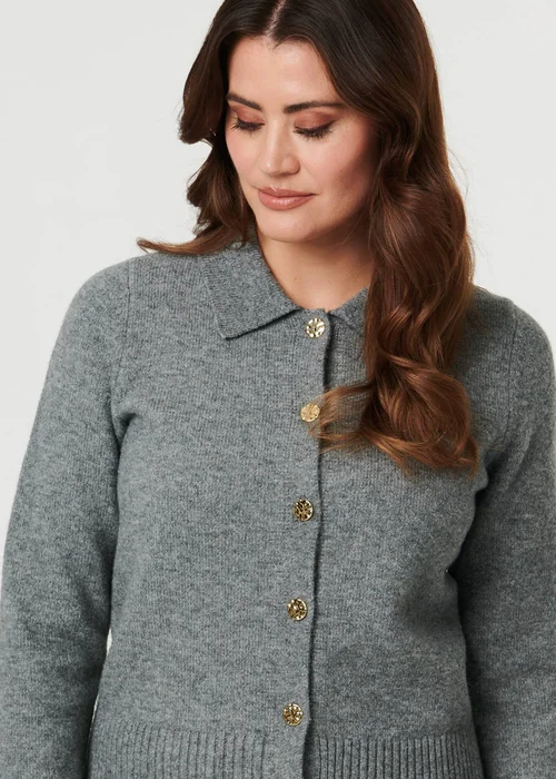 Izabel London Grey Textured Button Front Collared Cardigan - 16 Image 4