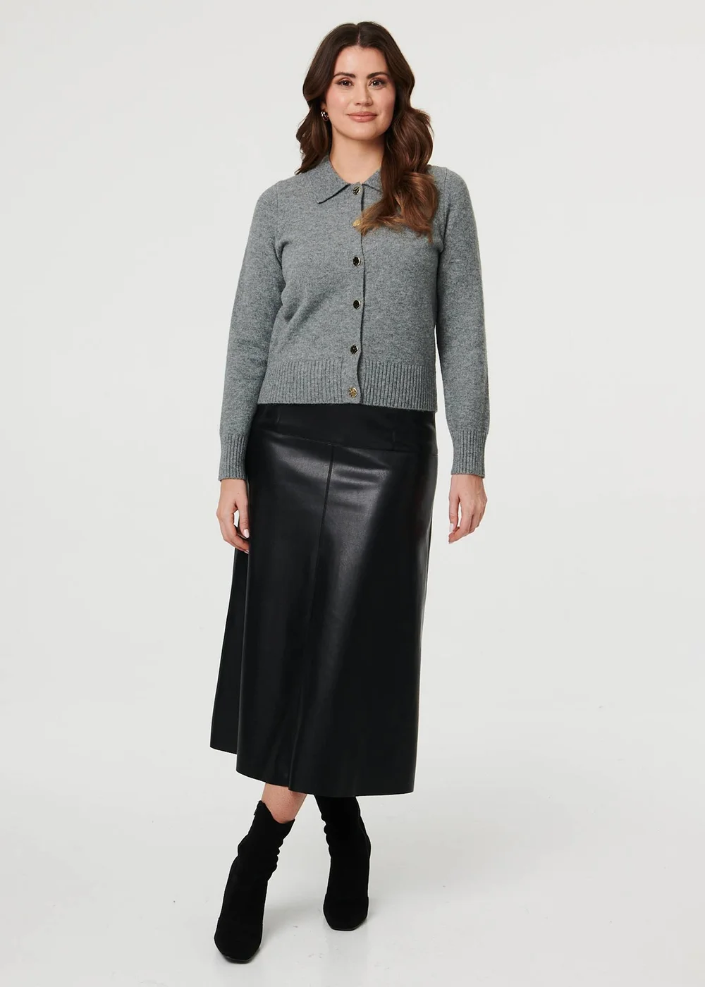 Izabel London Grey Textured Button Front Collared Cardigan - 16 Image 3