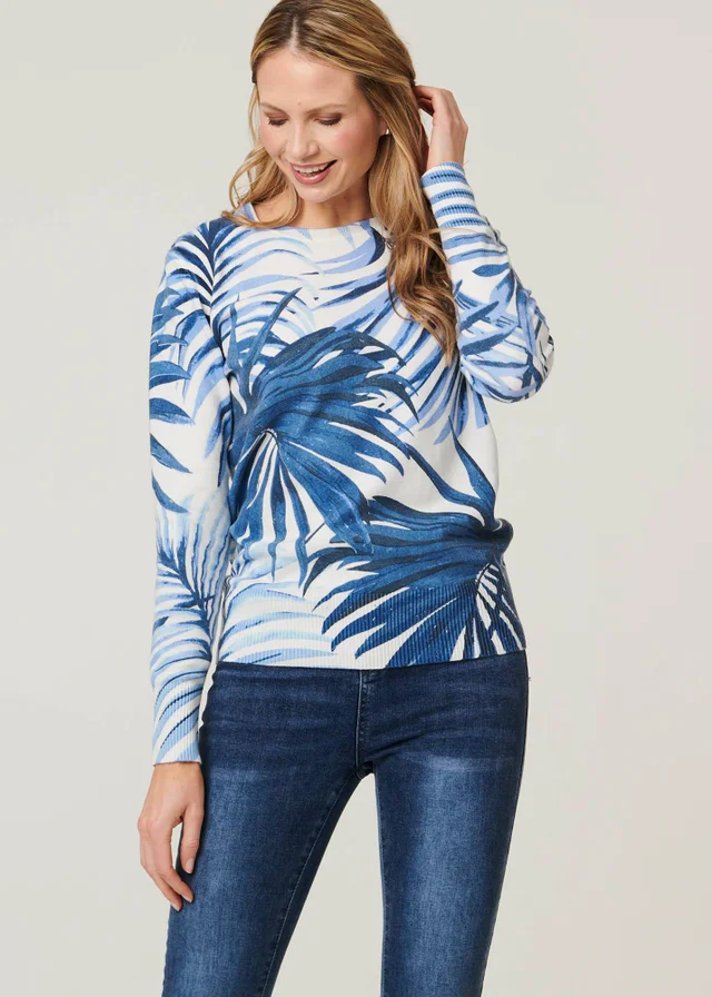 Izabel London Blue Leaf Print Slim Batwing Sleeve Jumper