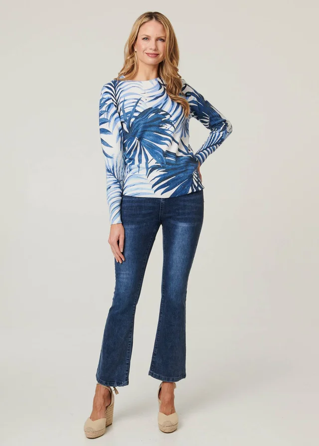 Izabel London Blue Leaf Print Slim Batwing Sleeve Jumper