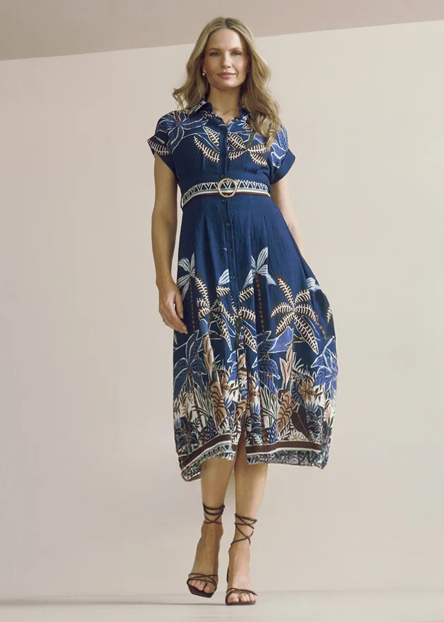 Izabel London Navy Tropical Print Short Sleeve Relaxed Top
