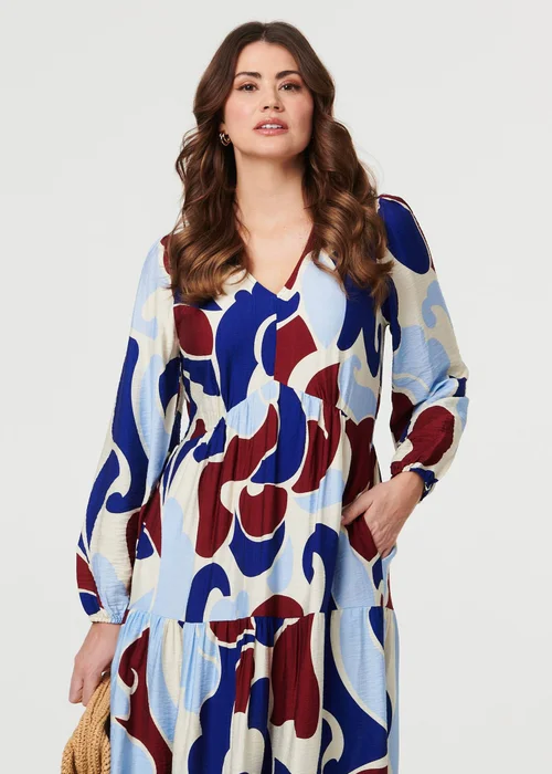 Izabel London Blue Abstract Tiered Long Sleeve Midi Dress - 16 Image 3