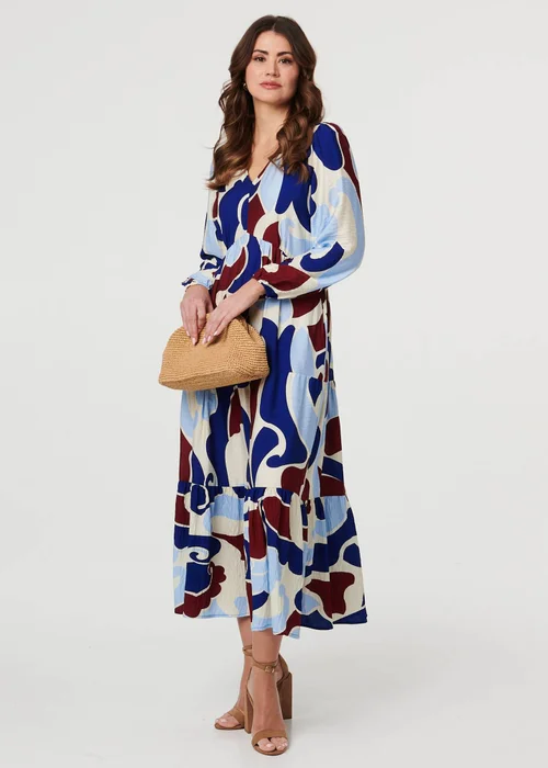 Izabel London Blue Abstract Tiered Long Sleeve Midi Dress - 16 Image 1