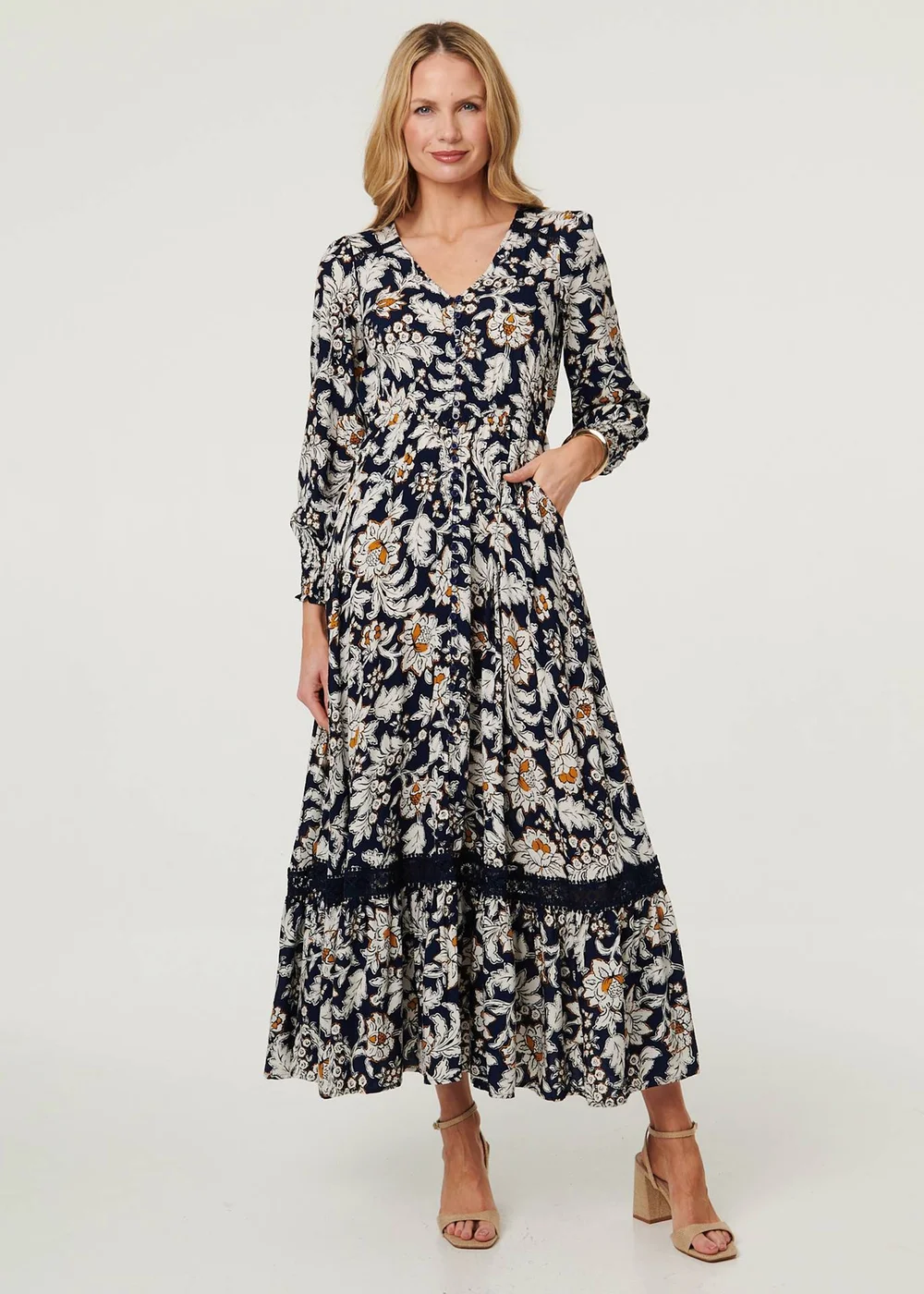 Izabel London Navy Floral Long Sleeve Trim Maxi Dress - 14 Image 1