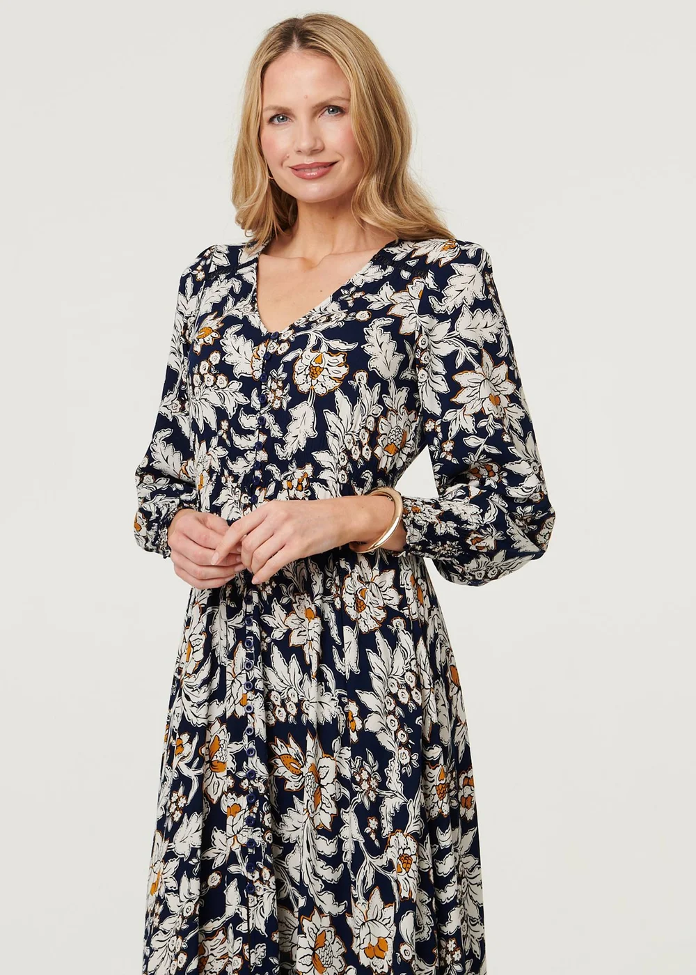 Izabel London Navy Floral Long Sleeve Trim Maxi Dress - 14 Image 2