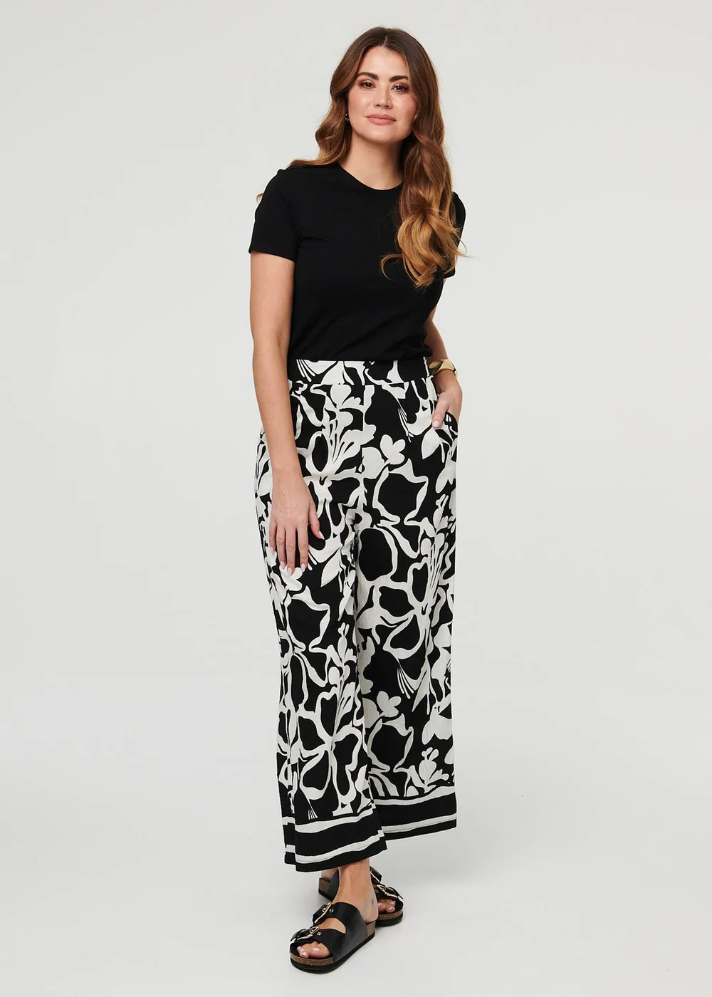 Izabel London Black Abstract Floral Wide Leg Trousers - 12 Image 1