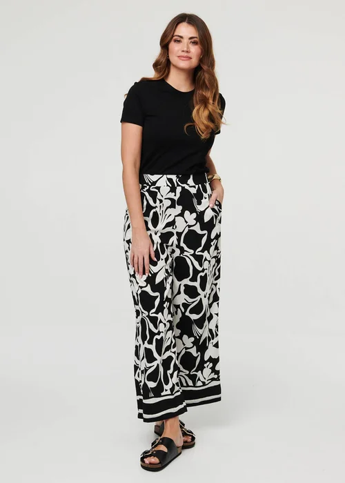 Izabel London Black Abstract Floral Wide Leg Trousers - 12 Image 1