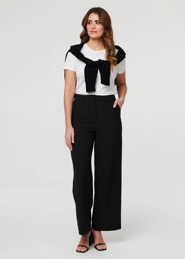 Izabel London Black High Waist Wide Leg Smart Trousers