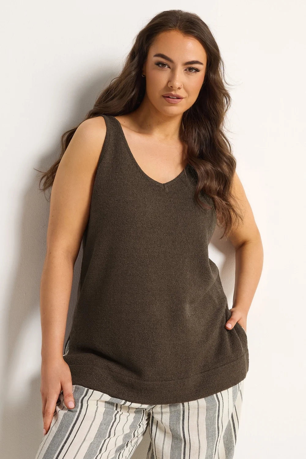 Yours Curve Chocolate Brown Knitted Vest Top - 26-28 Image 1