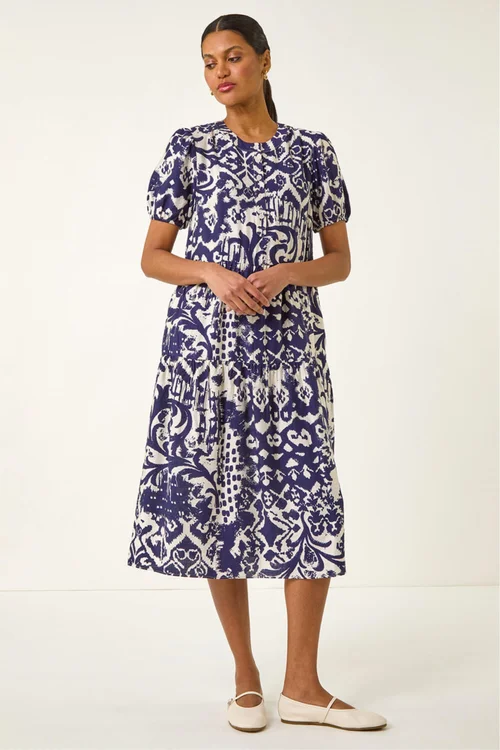 Roman Blue Abstract Print Midi Shirt Dress - 14 Image 2