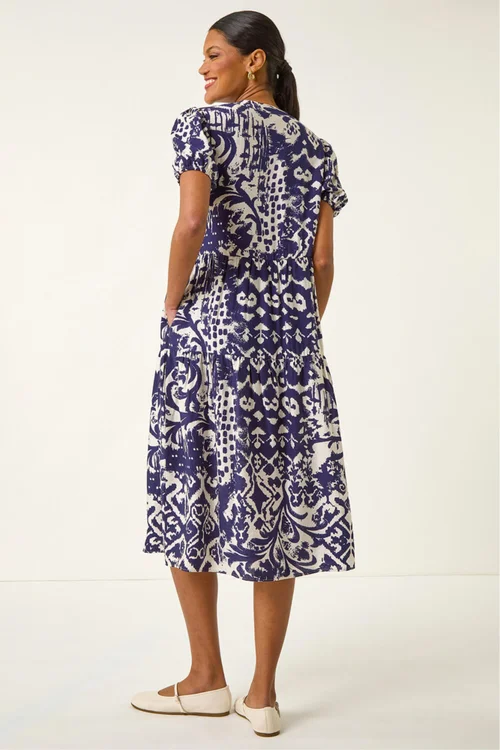 Roman Blue Abstract Print Midi Shirt Dress - 14 Image 3