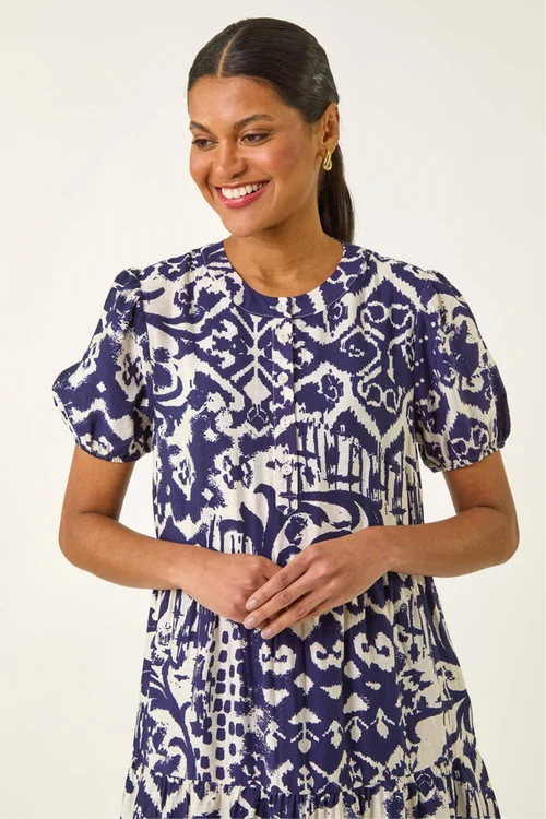 Roman Blue Abstract Print Midi Shirt Dress - 14 Image 4